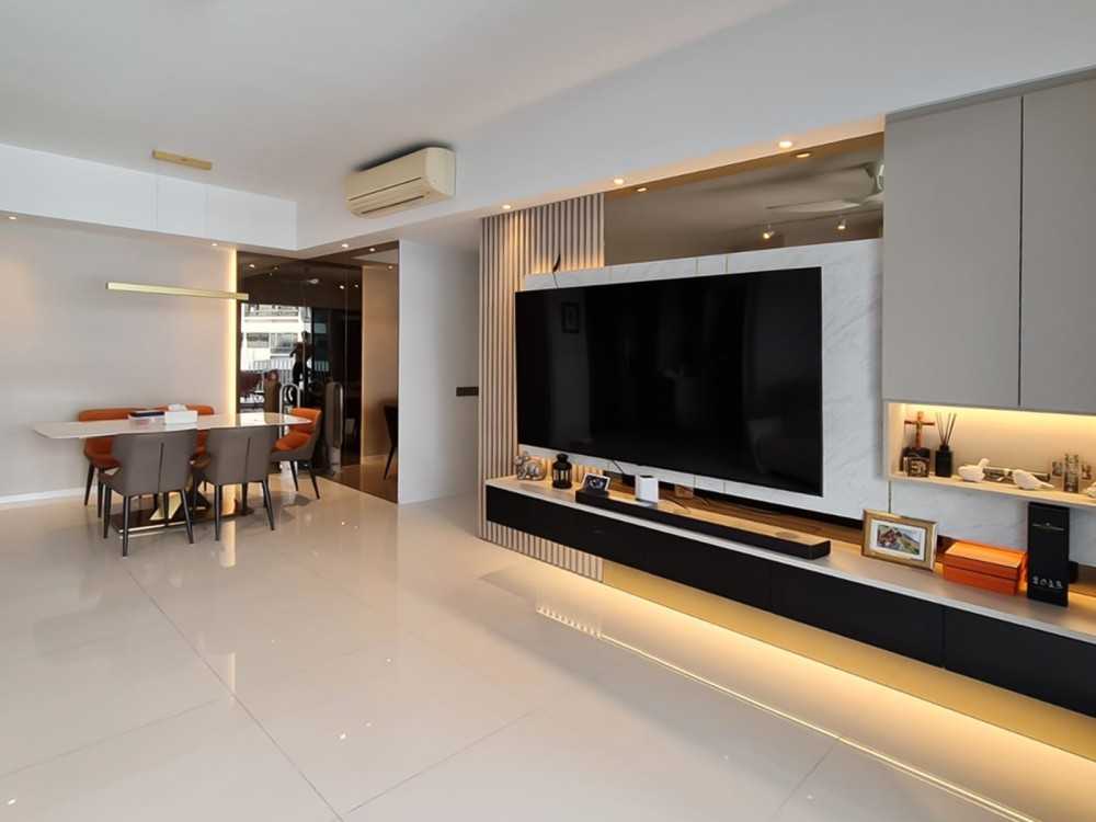 Modern Living Room with TV Console and Paintings