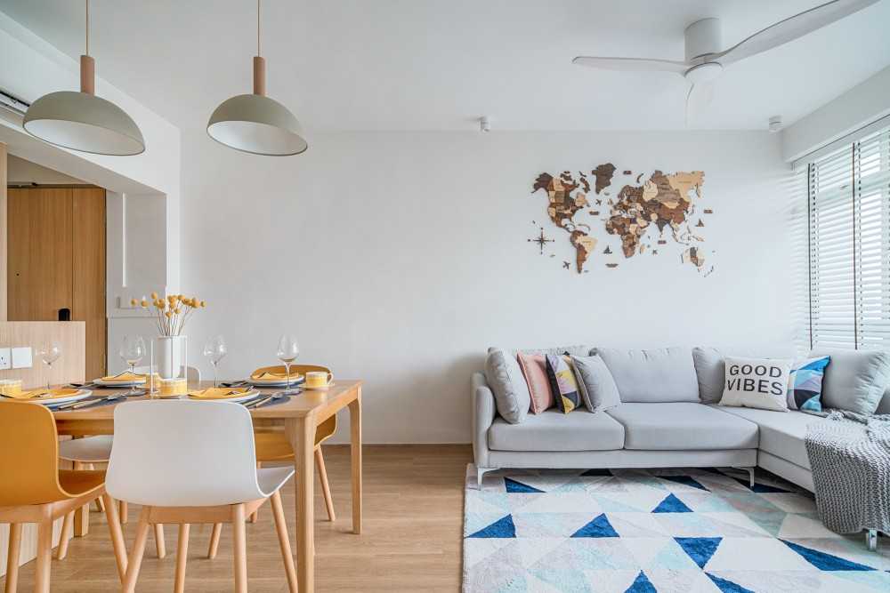 Scandinavian Living Room with TV Console and Feature Wall