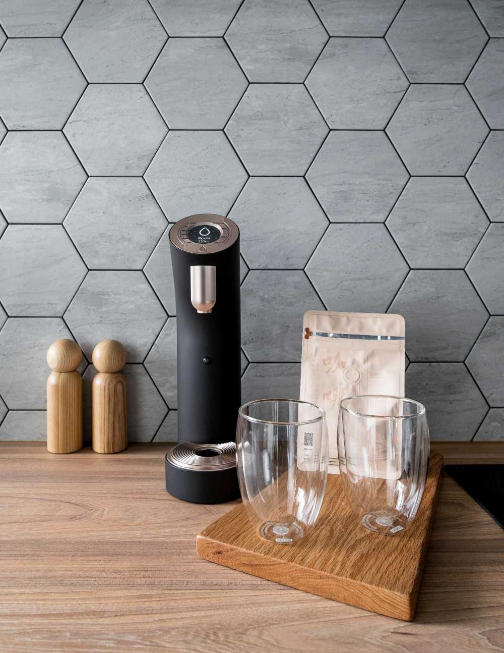 Scandinavian Kitchen with Countertop and Kitchen Backsplash