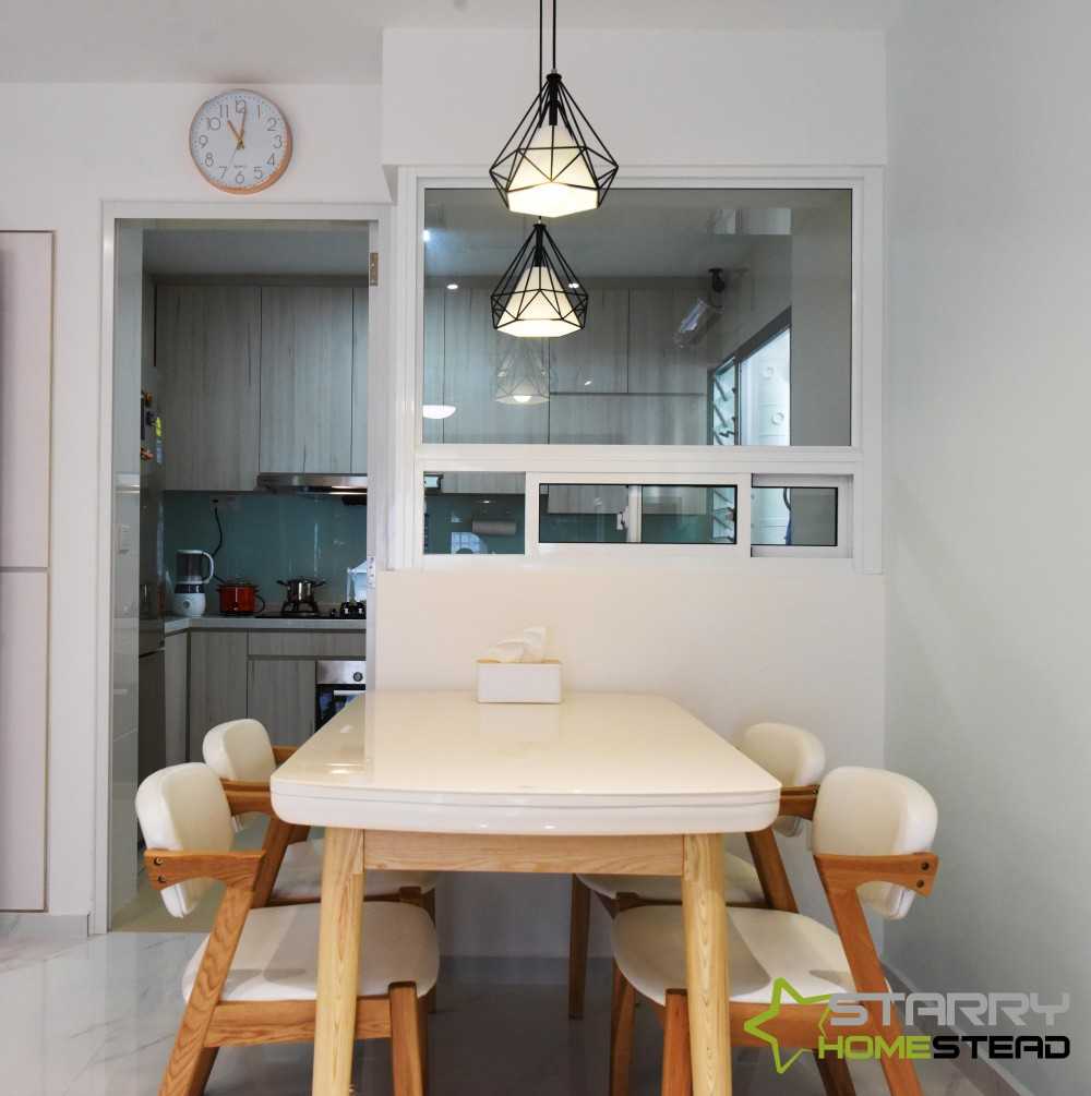 Scandinavian Dining Room with Kitchen Window and Dining Table