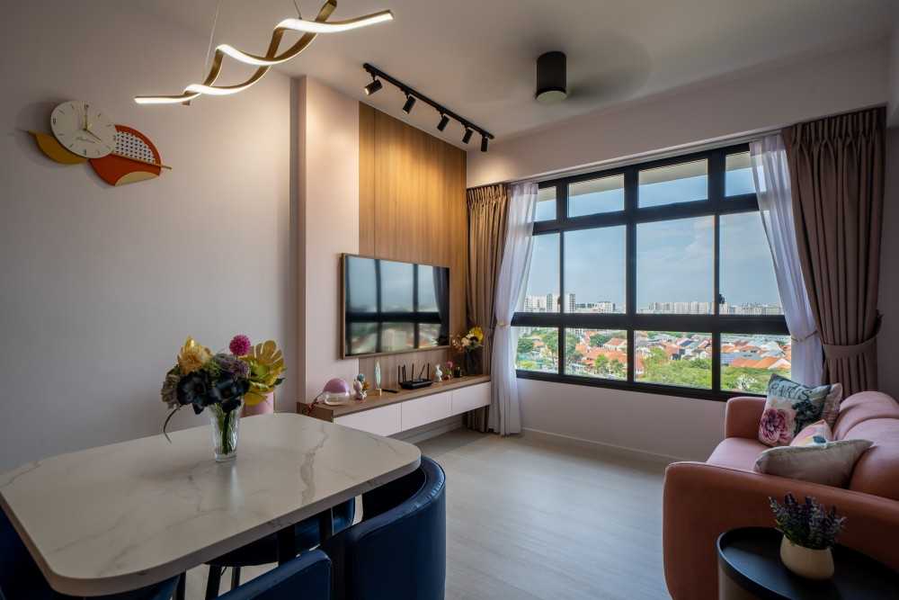 Contemporary Living Room with Homogeneous Tiles and TV Console