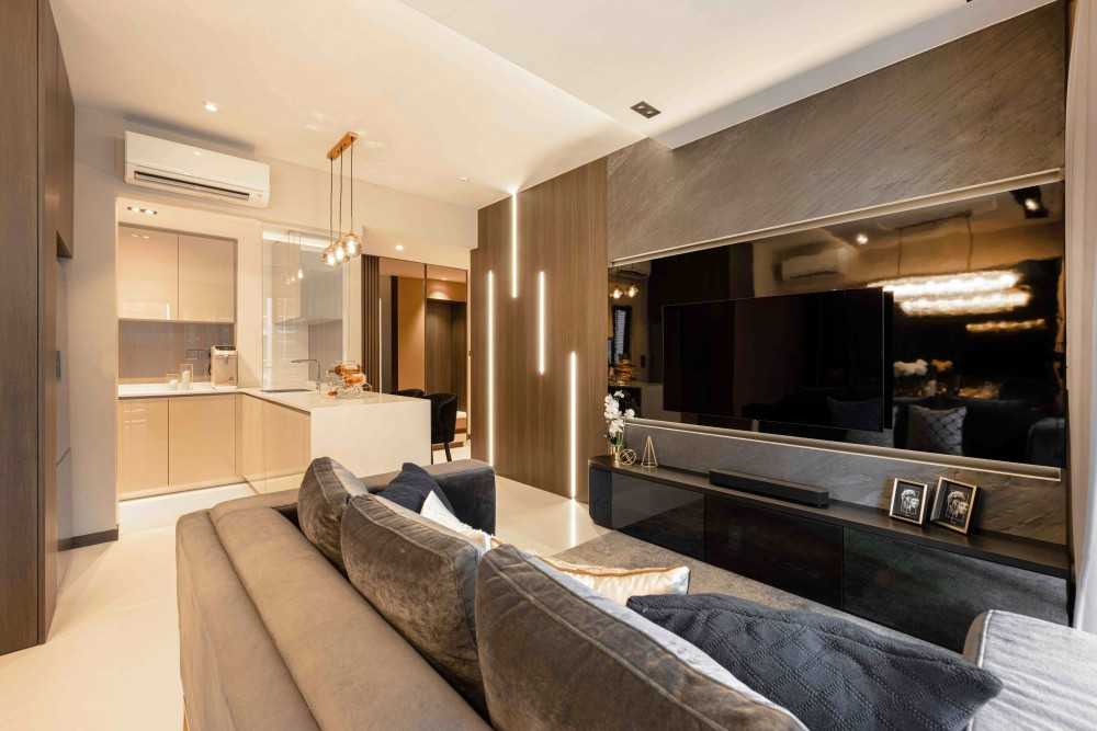 Contemporary Living Room with TV Console and Feature Wall