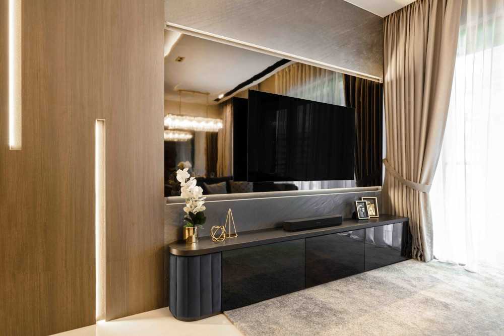 Contemporary Living Room with TV Console and Mirror
