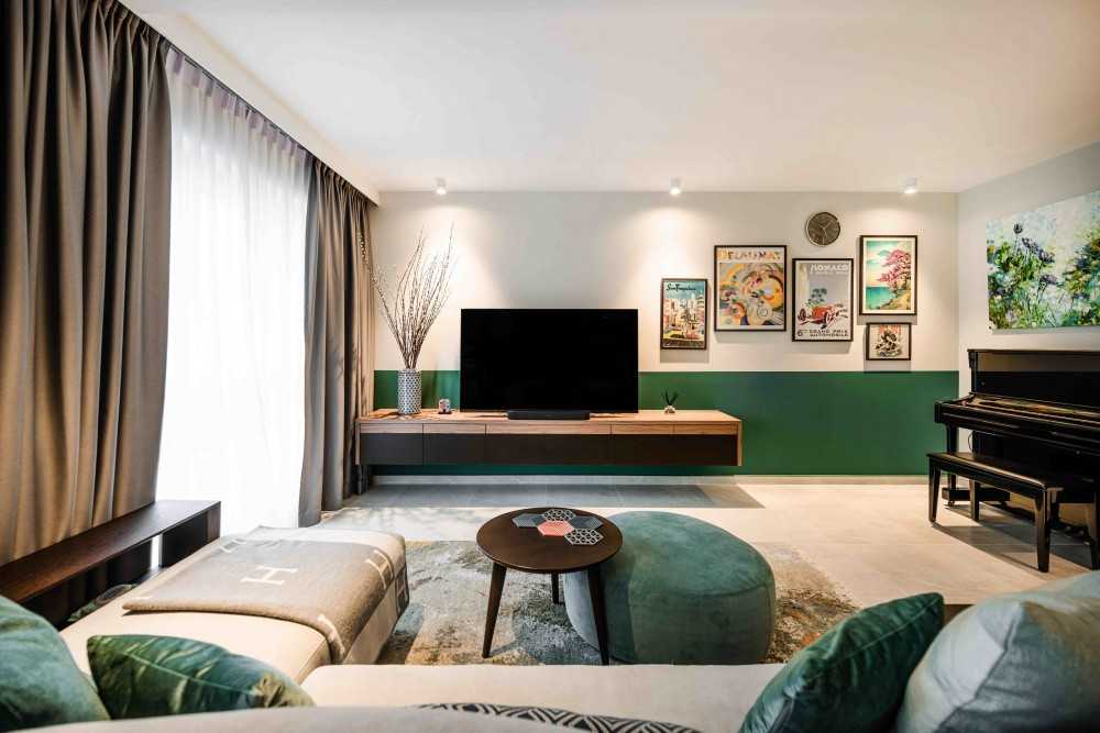 Eclectic Living Room with TV Console and Feature Wall