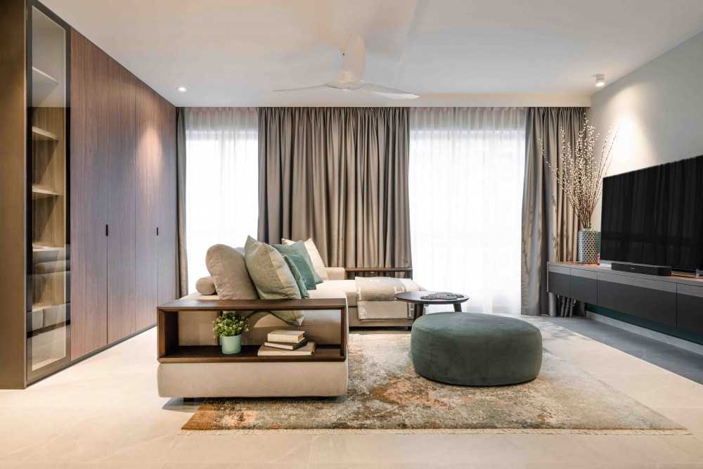 Eclectic Living Room with TV Console and Feature Wall
