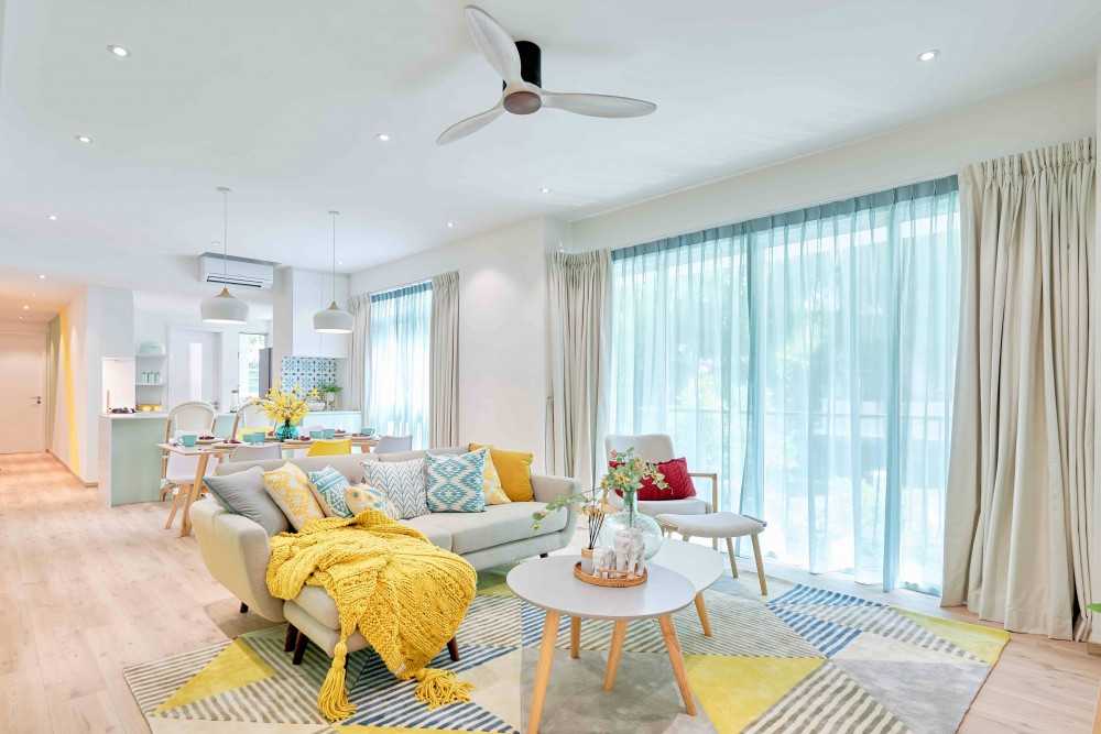 Transitional Living Room with Vinyl Flooring and Ceiling Light