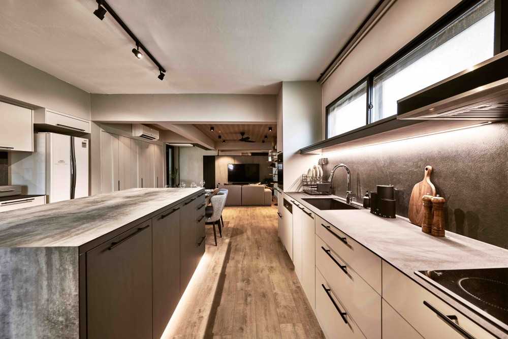 Industrial Kitchen with Kitchen Window and Kitchen Island