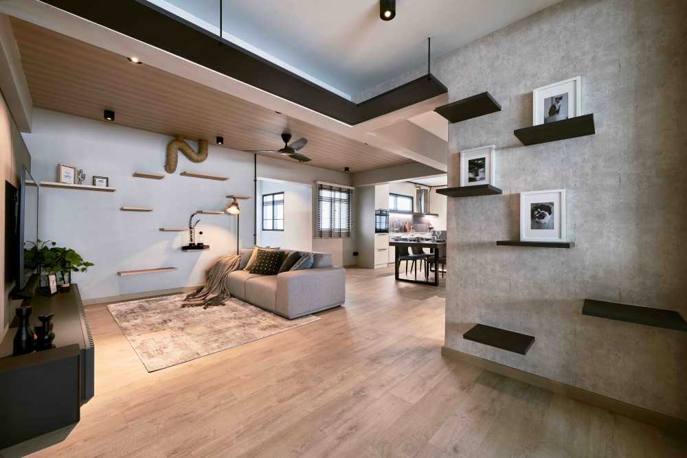 Industrial Living Room with TV Console and Cove Lighting