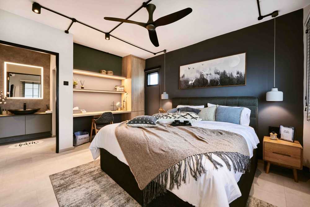 Industrial Bedroom with Cove Lighting and Bedside Table