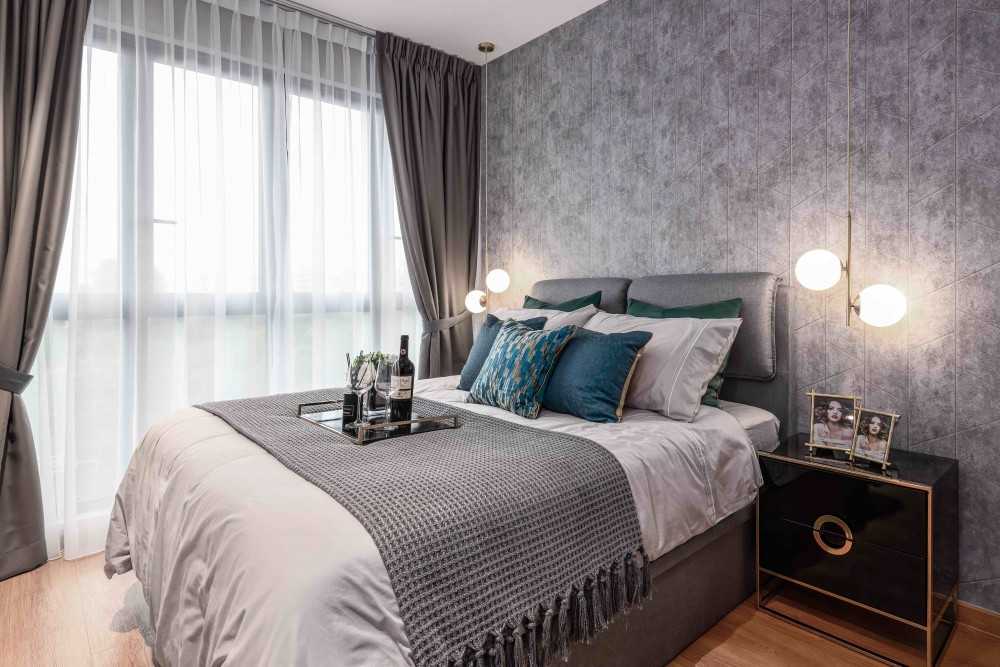 Eclectic Bedroom with Ceiling Light and Bedside Table