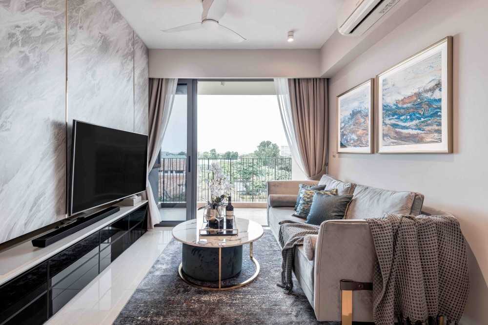 Eclectic Living Room with TV Console and Feature Wall