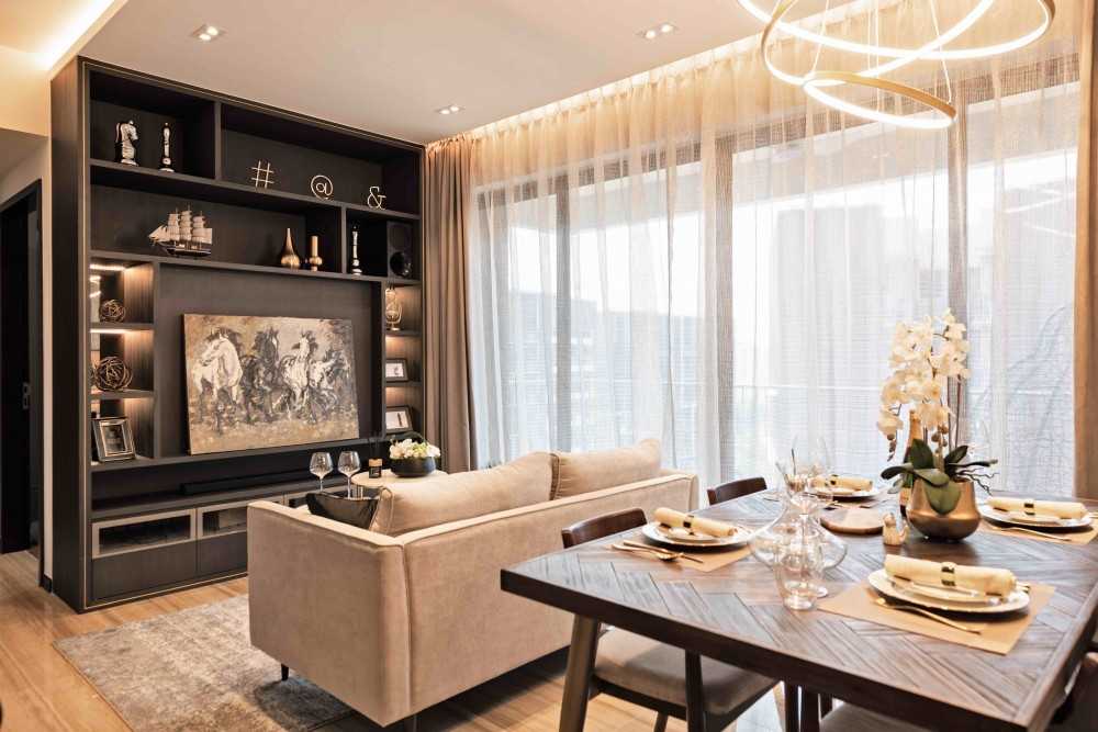 Modern Living Room with TV Console and Cove Lighting