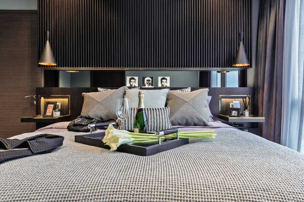 Modern Bedroom with Cove Lighting and Built-in Bed
