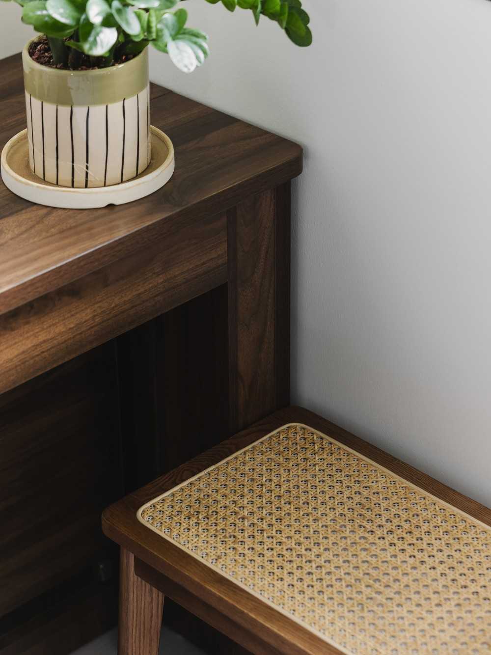 Scandinavian Workstation with Seating Bench and Storage Cabinets