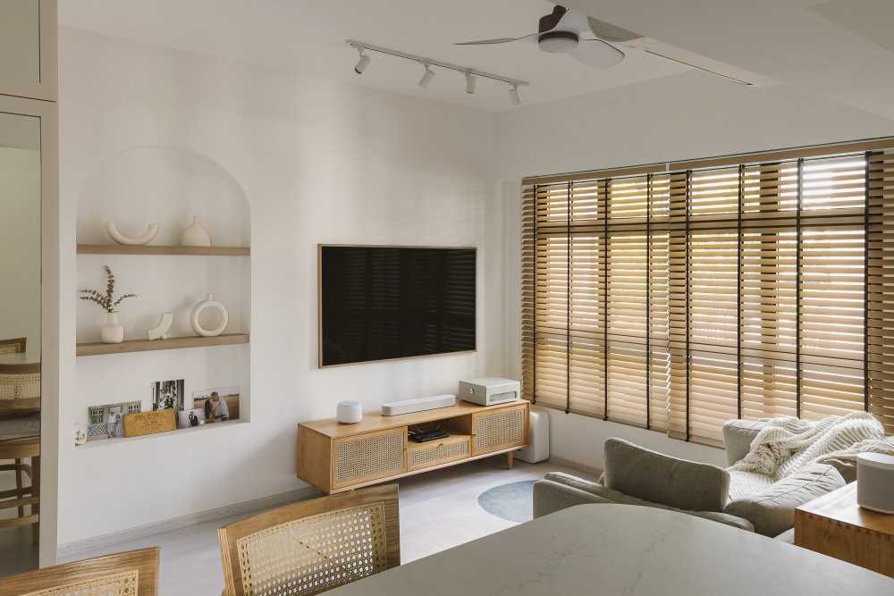 Scandinavian Living Room with Vinyl Flooring and TV Console