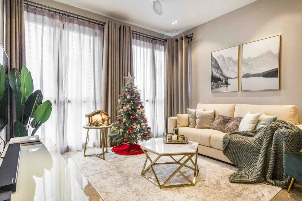 Transitional Living Room with TV Console and Cove Lighting