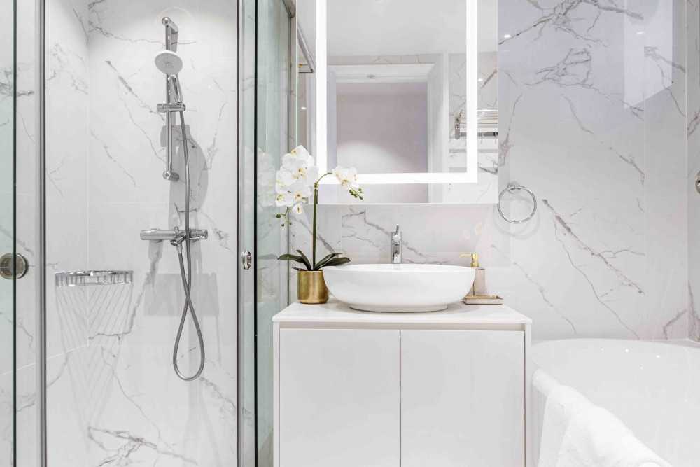 Transitional Bathroom with Mirror and Bathroom Storage