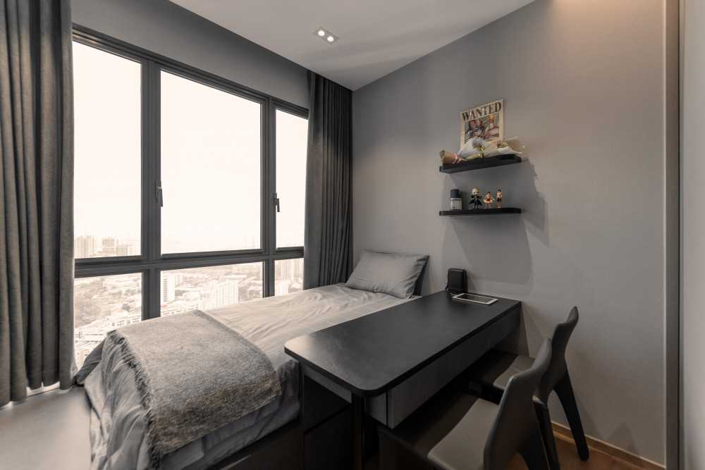 Contemporary Bedroom with Platform Bed and Bay Window
