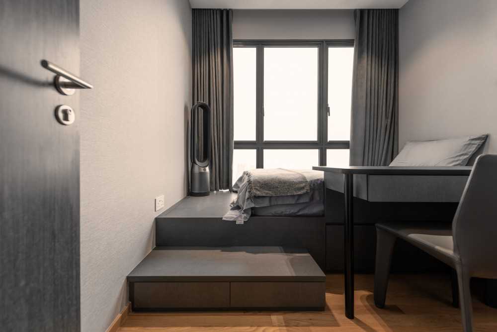 Contemporary Bedroom with Bay Window and Built-in Bed