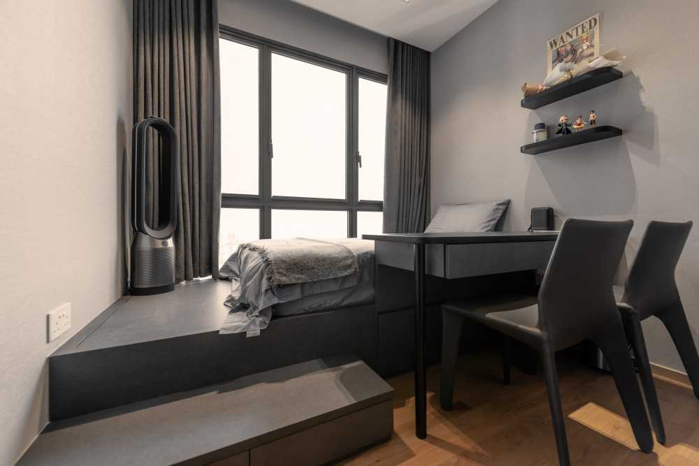 Contemporary Bedroom with Platform Bed and Bay Window