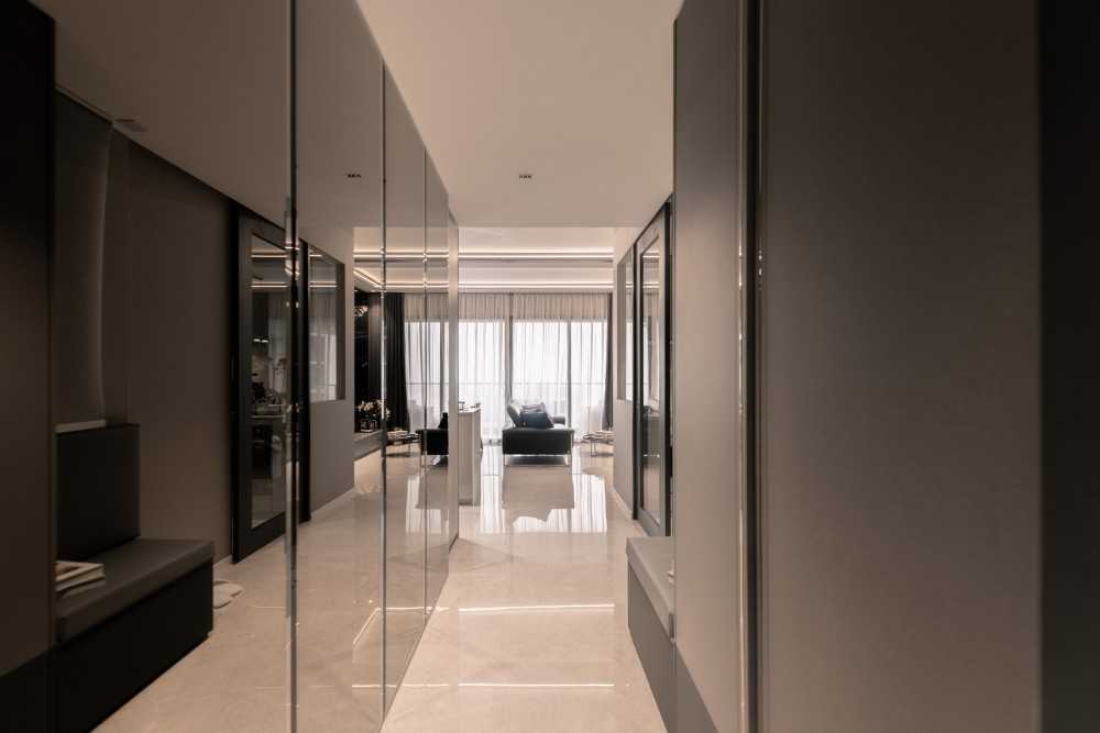 Contemporary Entryway with Mirror and Seating Bench