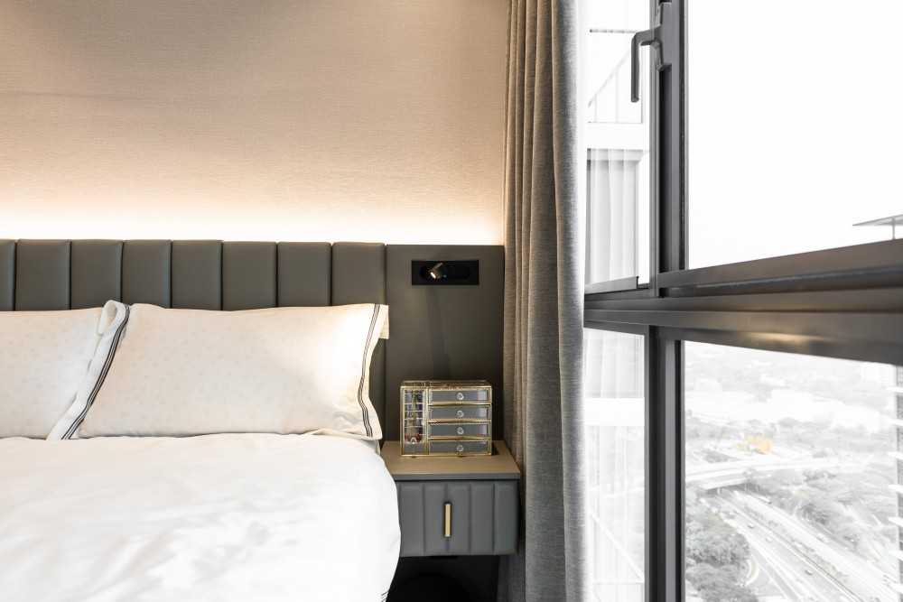 Contemporary Bedroom with Cove Lighting and Built-in Bed