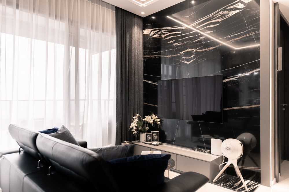 Contemporary Living Room with TV Console and Feature Wall