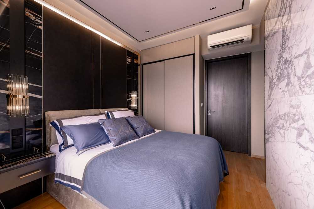Contemporary Bedroom with Cove Lighting and Built-in Bed