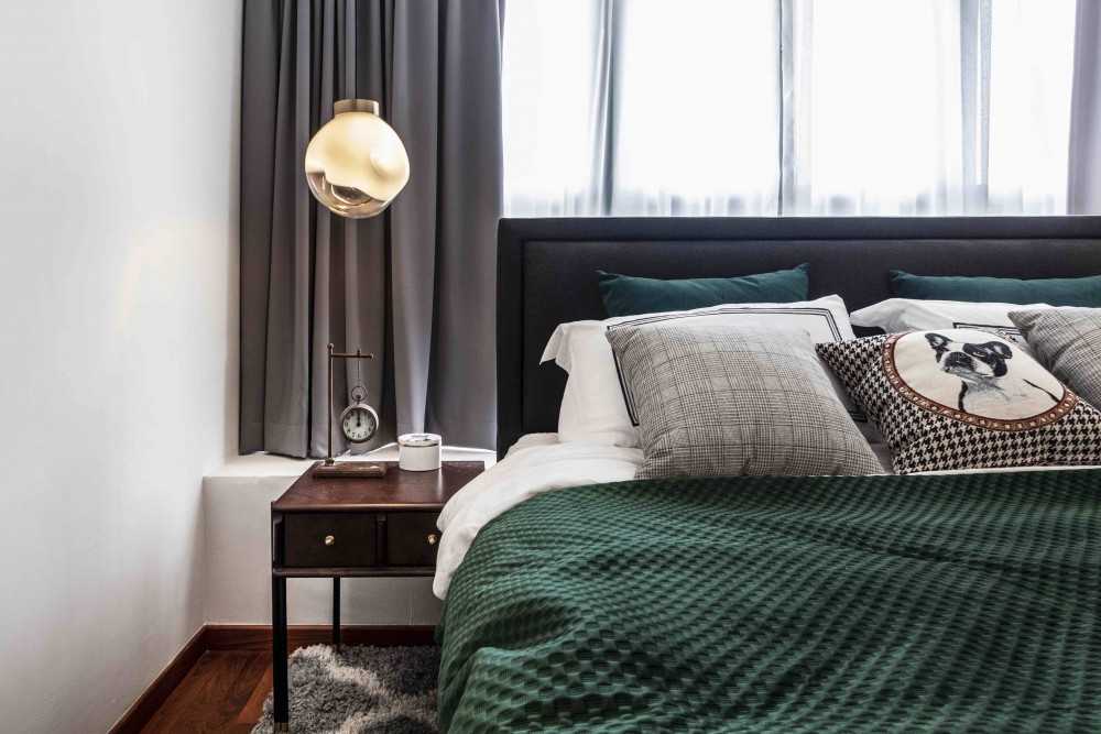 Contemporary Bedroom with Bay Window and Bedside Table