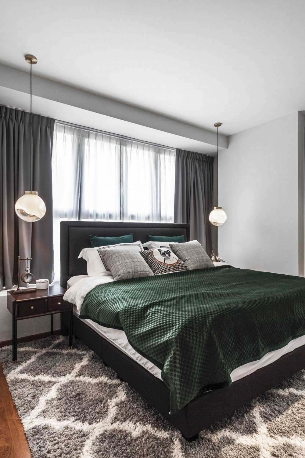 Contemporary Bedroom with Bay Window and Bedside Table