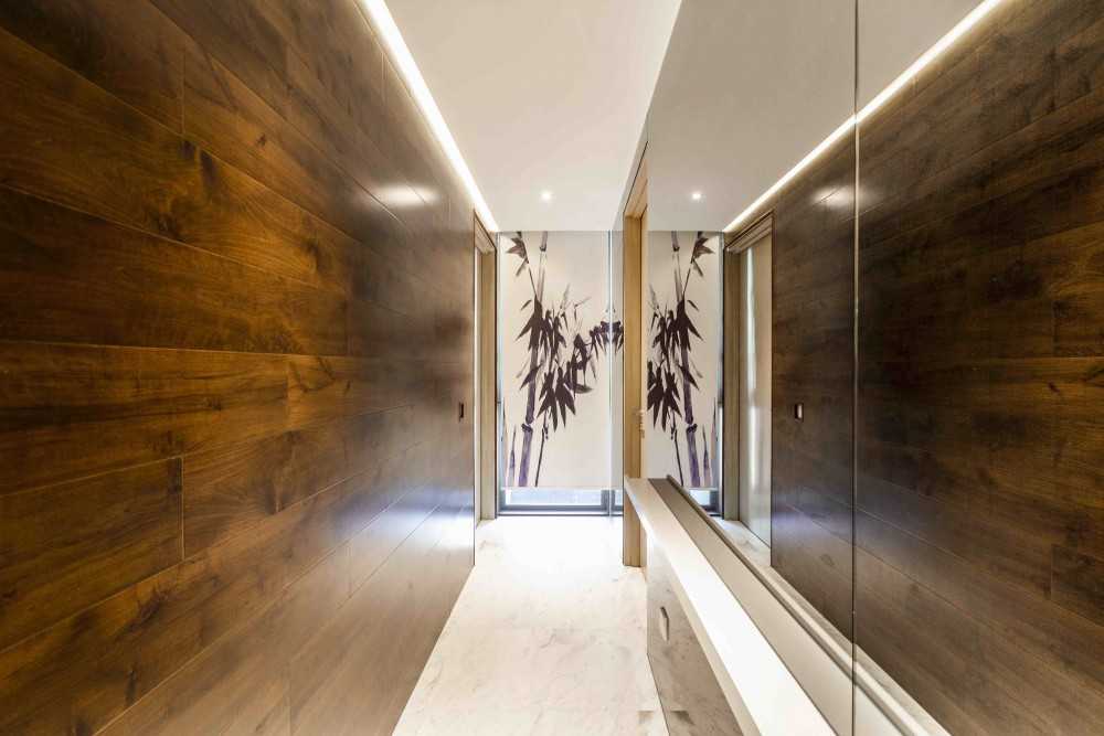 Asian Entryway with Mirror and Seating Bench