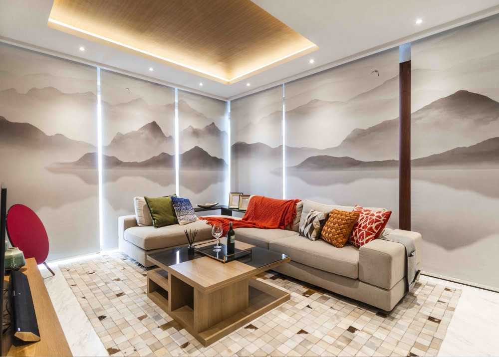Asian Living Room with TV Console and Feature Wall