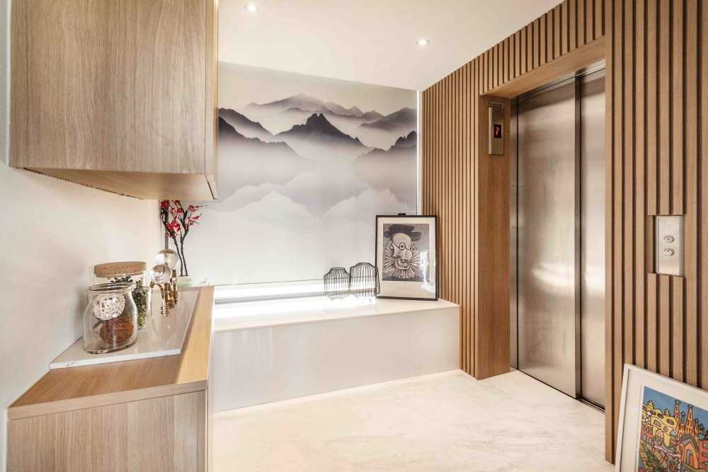 Asian Entryway with Mirror and Seating Bench