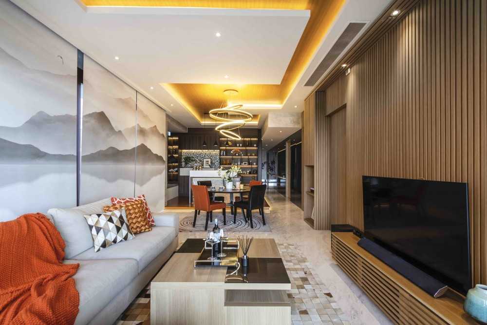 Asian Living Room with TV Console and Feature Wall