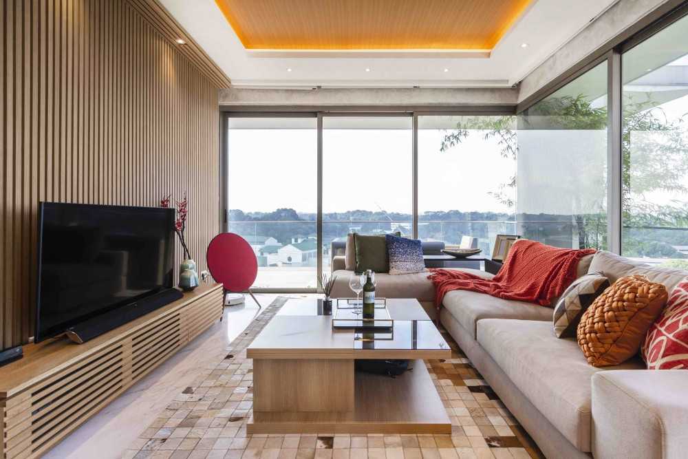 Asian Living Room with TV Console and Feature Wall