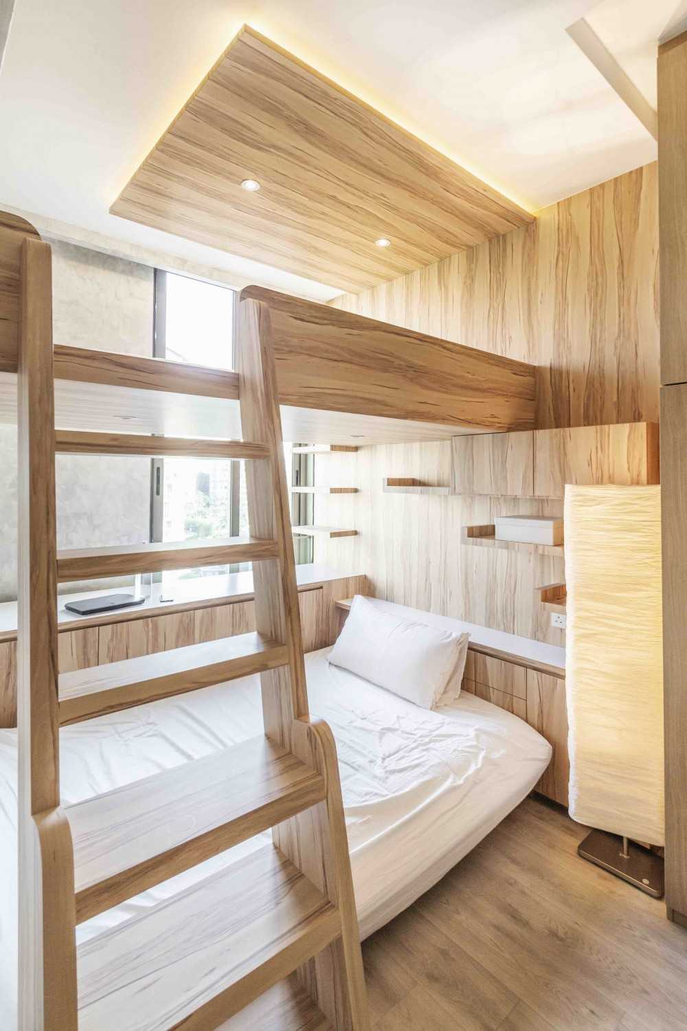 Asian Kids Room with Bookshelf and Platform Bed
