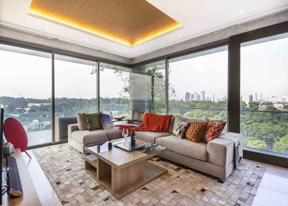 Asian Living Room with TV Console and Feature Wall