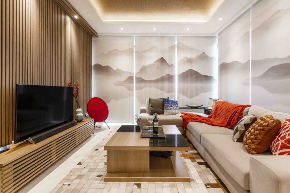 Asian Living Room with TV Console and Feature Wall