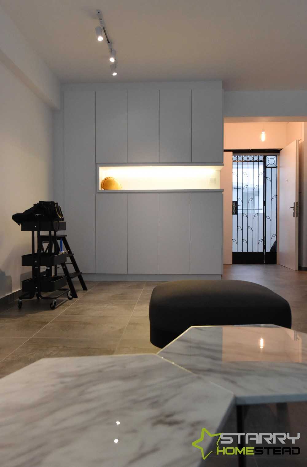 Minimalist Living Room with Storage Cabinets and Tiles