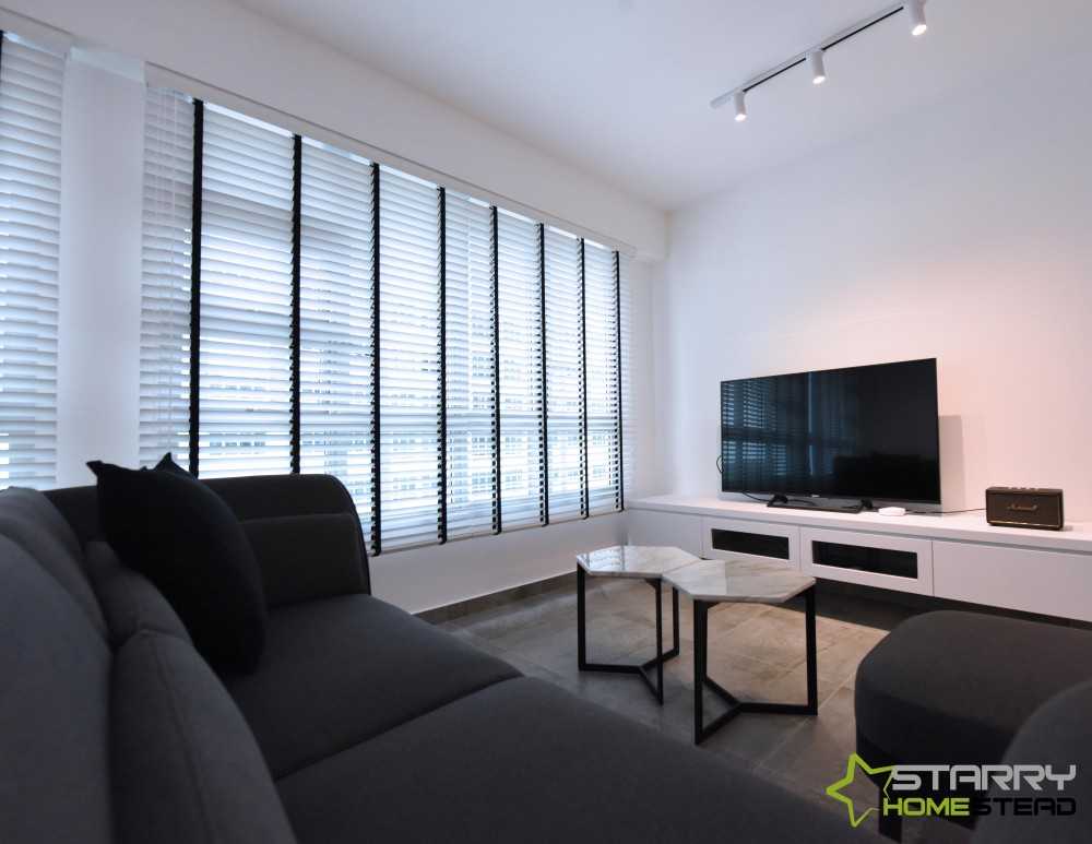 Minimalist Living Room with TV Console and Window Shutters