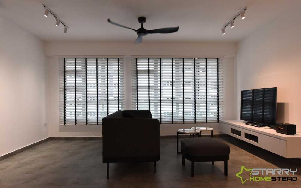 Minimalist Living Room with TV Console and Window Shutters