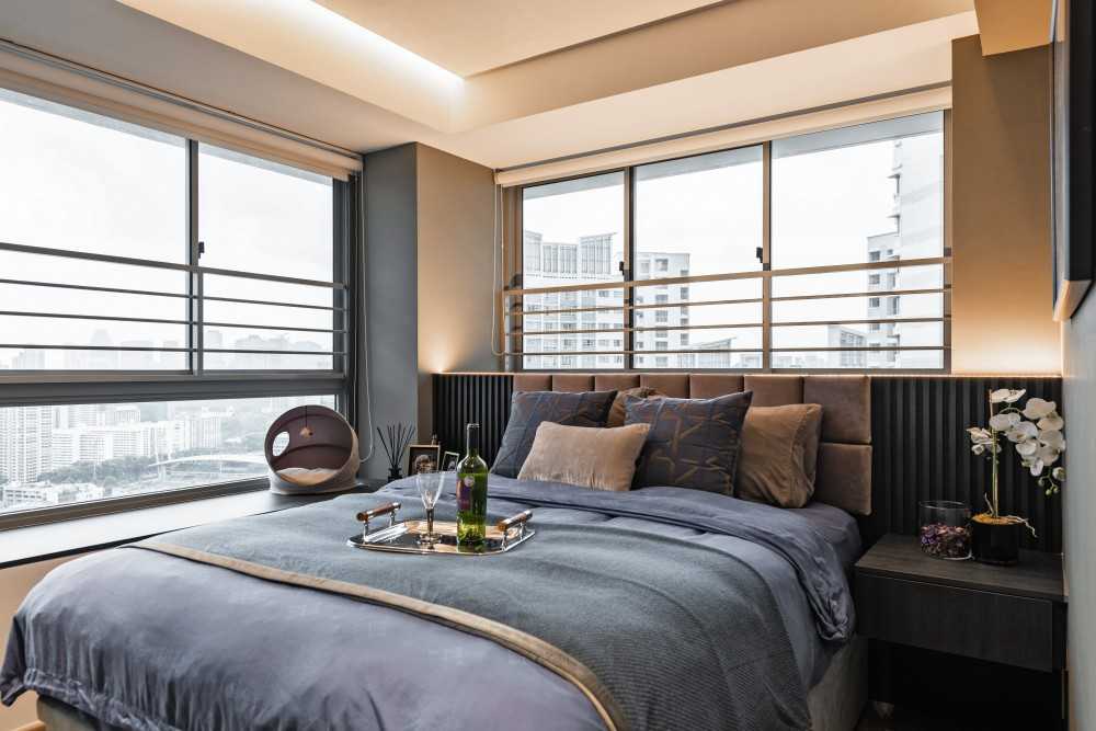 Contemporary Bedroom with Bay Window and Built-in Bed