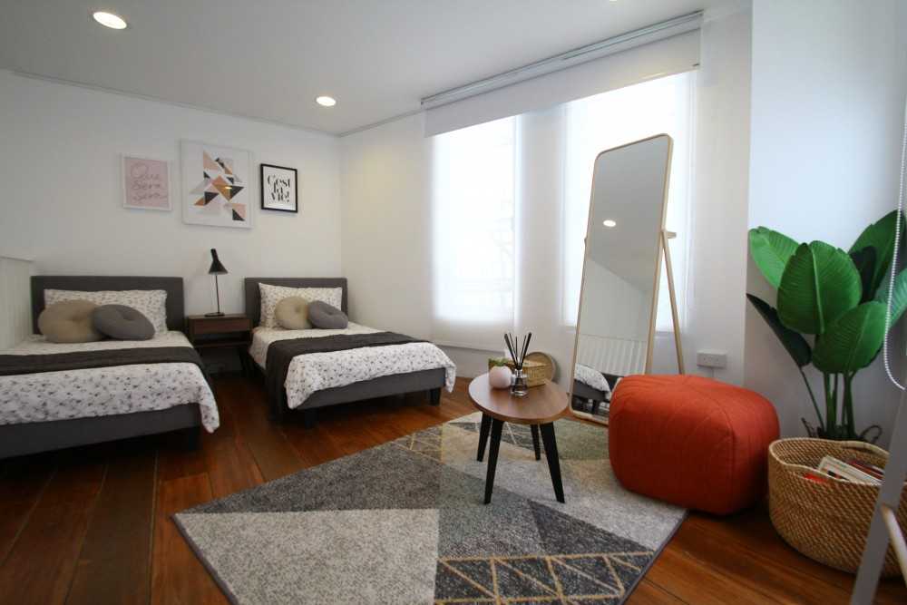 Scandinavian Bedroom with Ceiling Light and Bedside Table