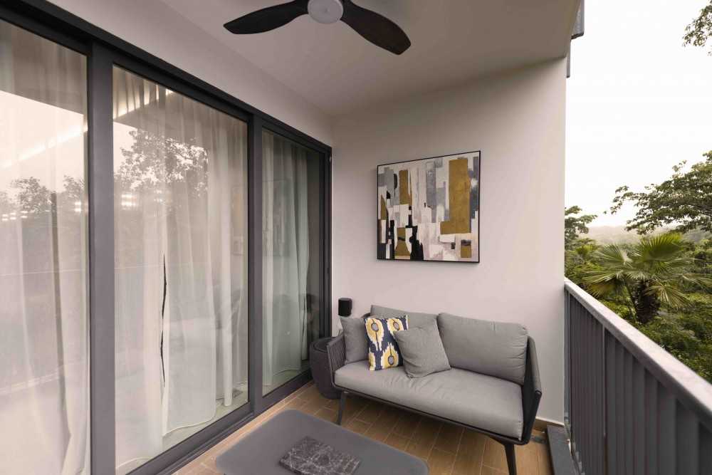 Modern Balcony with Curtain and Outdoor Table