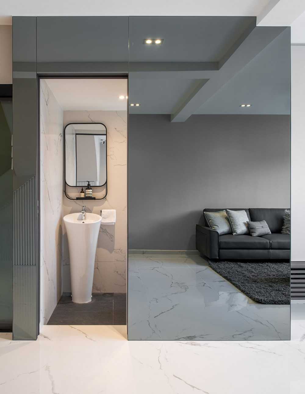 Minimalist Bathroom with Mirror and Shower Screen