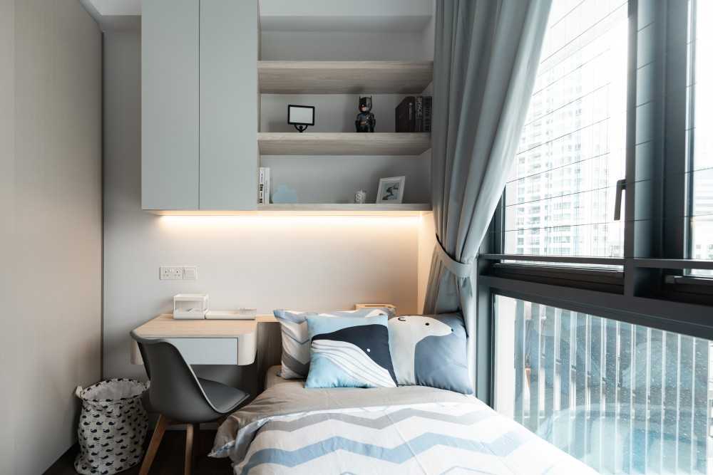 Contemporary Kids Room with Bookshelf and Built-in Bed