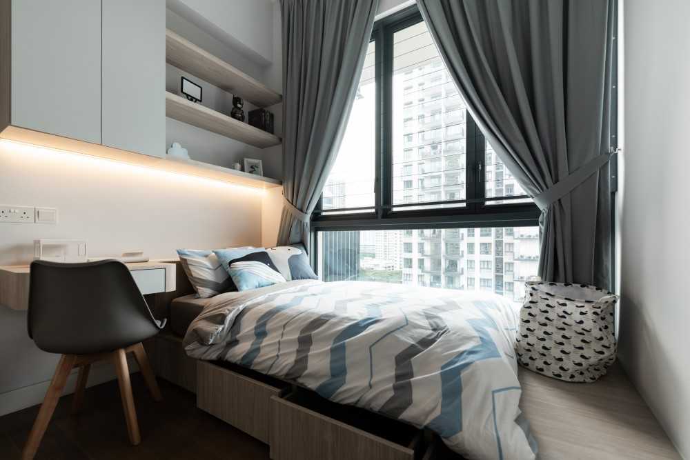 Contemporary Kids Room with Bookshelf and Platform Bed