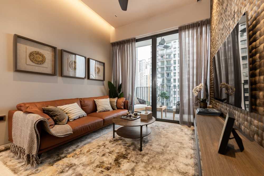 Contemporary Living Room with TV Console and Cove Lighting
