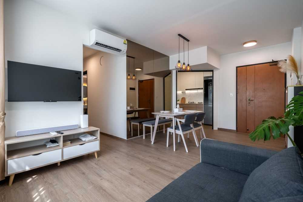 Contemporary Dining Room with Drop Light and Dining Table