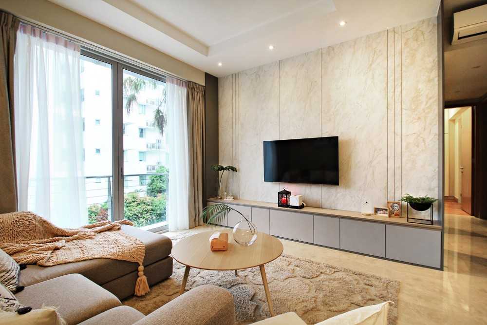 Scandinavian Living Room with TV Console and Feature Wall